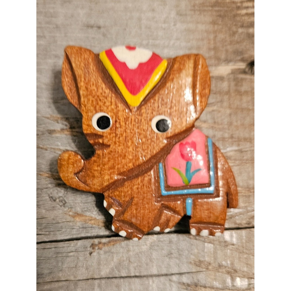 Wooden JAPAN Elephant Brooch Pin Hand Carved Painted Cute Animal Figural Jewelry